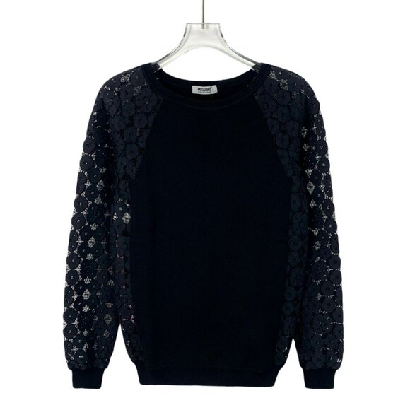 Moschino Cheap & Chic Black Floral Embroidered Long-Sleeve Knitted Sweater Round
